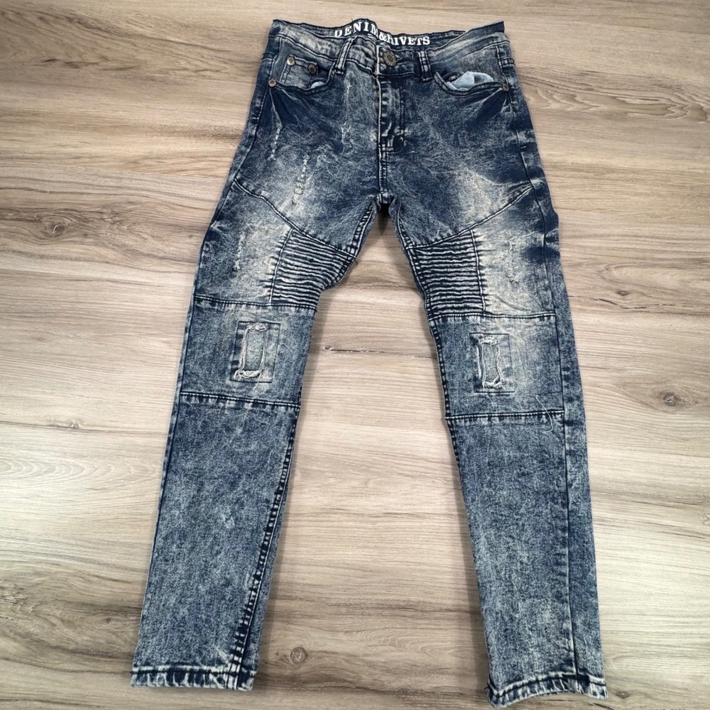 DENIM & RIVETS Kids Boys Blue Acid Wash Moto‎ Jeans Distressed Size 10
